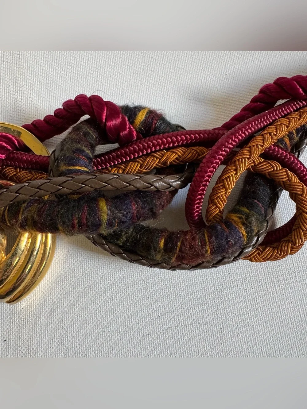 Vtg Burgundy Mixed Media Braided Woven Cord Belt Gold Tone Art To Wear Statement